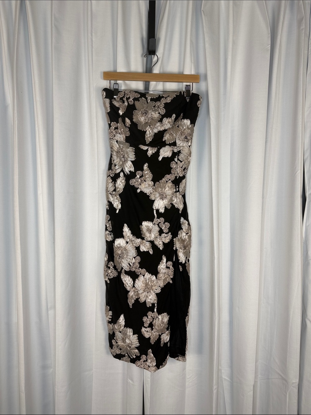 Lulu's Black Strapless Dress with Champagne Floral Appliqué
